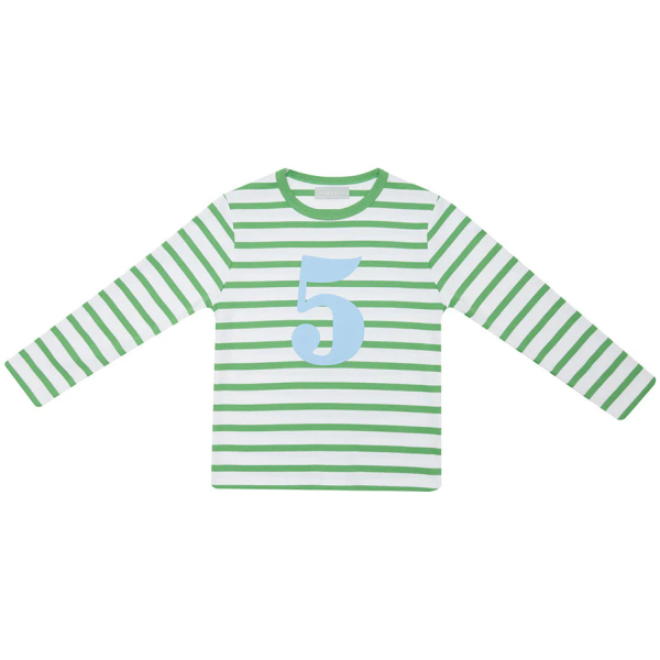 Grass Green & White Breton Striped Number 5 T Shirt